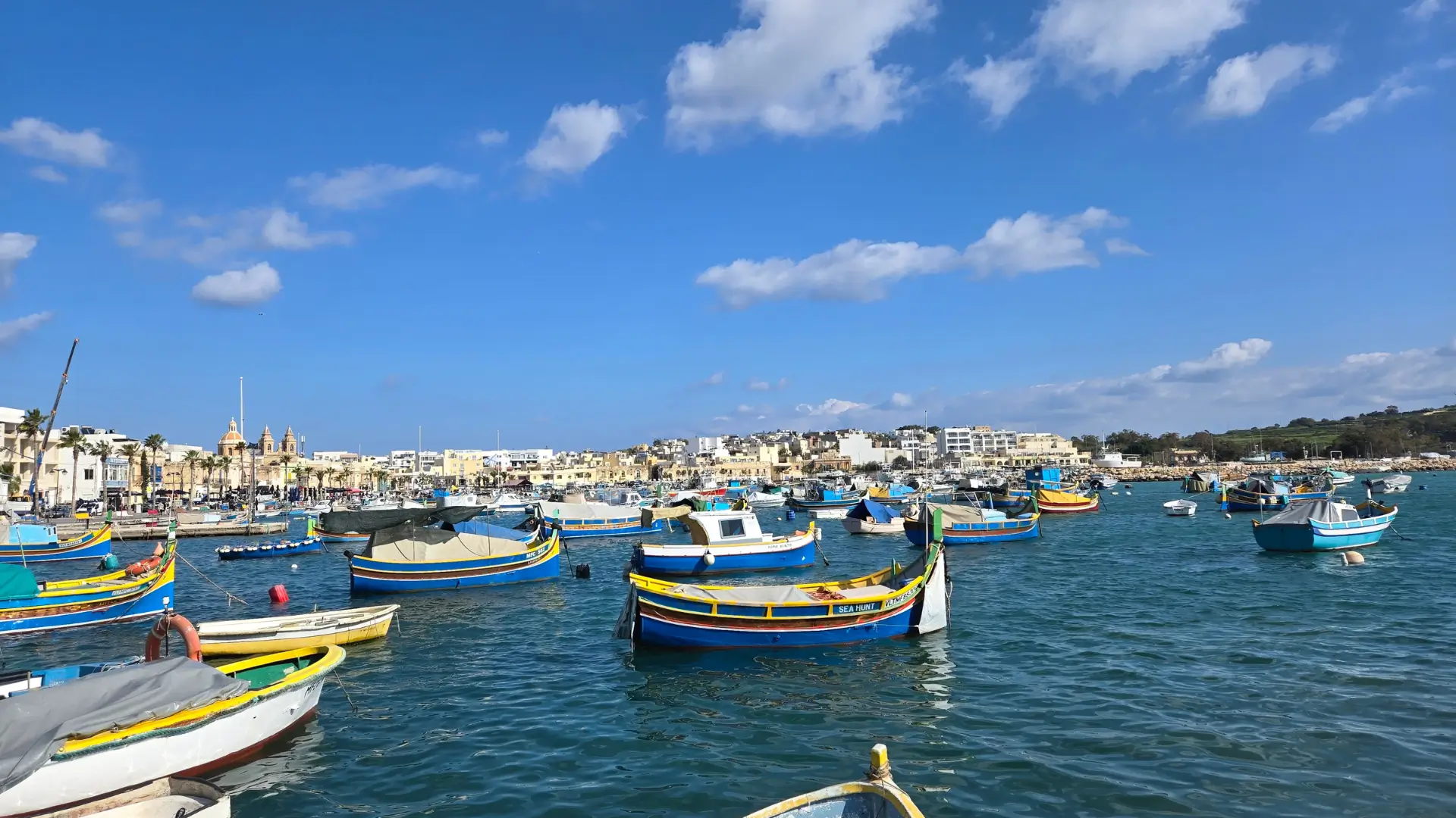 Imagine cu bărci tradiționale malteze, denumite luzzu, viu colorate, ancorate în portul pitoresc Marsaxlokk, Malta.