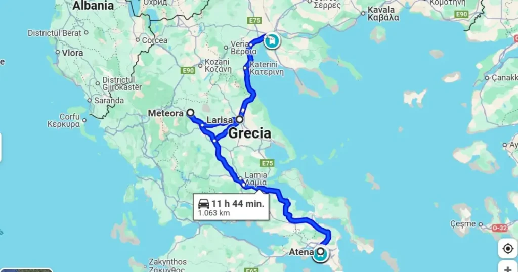 Harta Greciei cu traseul vacanței din 2025: Salonic, Larisa, Atena, Meteora