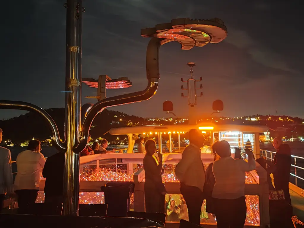 Seară Vibranta pe Croaziera Bosfor: Luminile Istanbulului Oameni bucurându-se de atmosfera festivă pe puntea unui vas de croazieră iluminat cu lumini roșii, admirând peisajul nocturn al Istanbulului pe Bosfor.