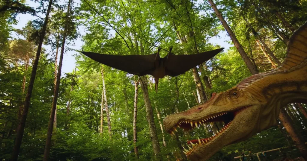 vedere de ansamblu asupra Dino Parc Râșnov, cu traseele de aventură printre copaci și dinozauri