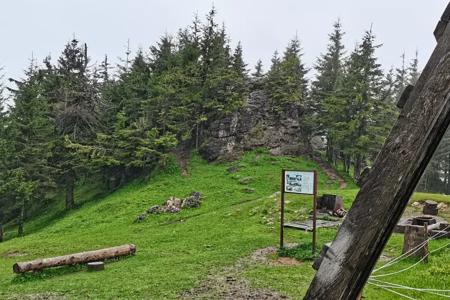 Priveliște de pe prispa Cabanei Piatra Singuratică spre Vârful Hășmașu Mare și valea Bălanului, județul Harghita